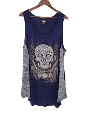 Harley Davidson 2XL Blue Sugar Skull Rhinestone Sleeveless Tunic Tank Top Biker